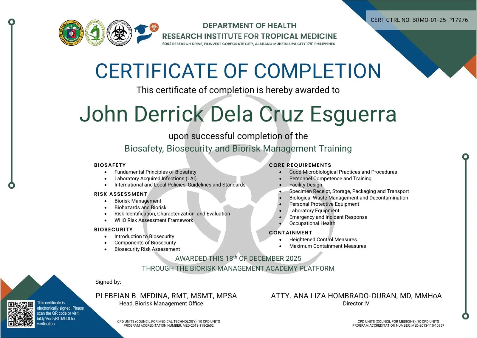Biosafety, Biosecurity and Biorisk Management training certificate