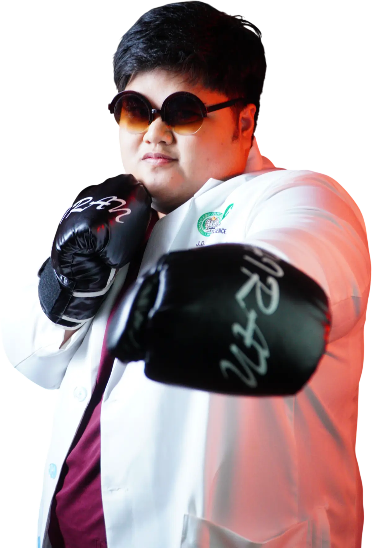 John Derrick Esguerra wearing a laboratory coat and boxing gloves
