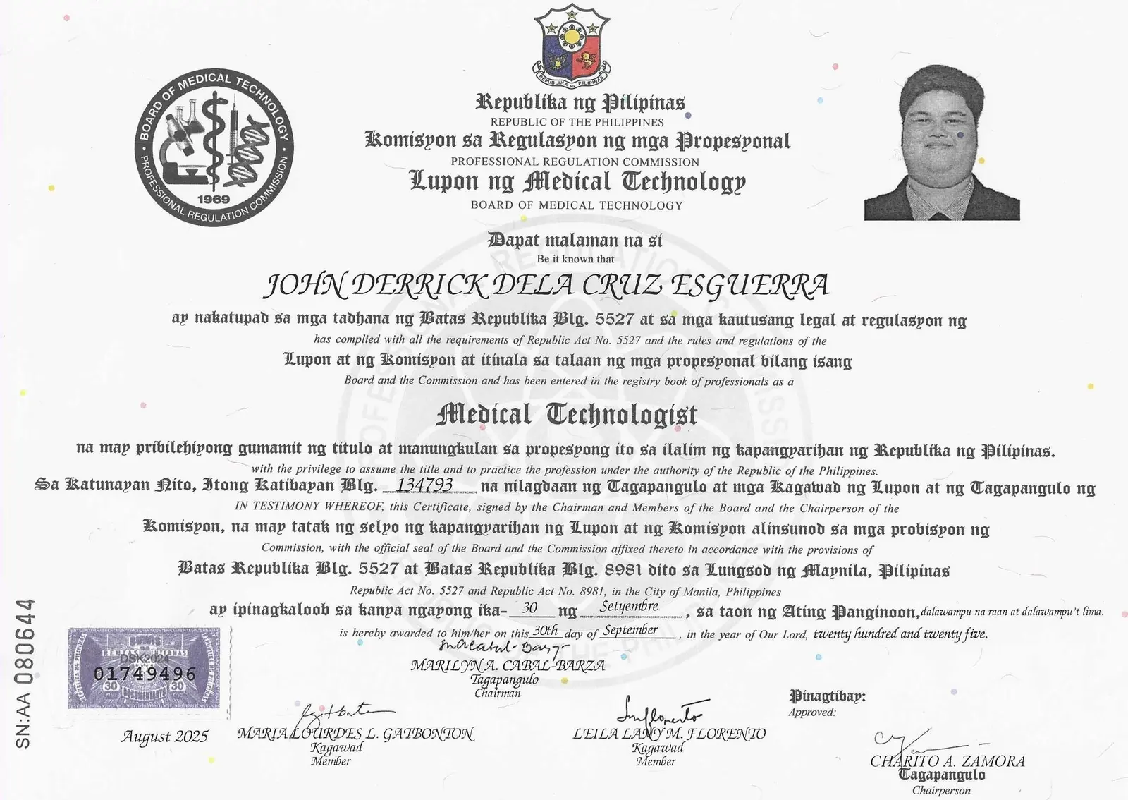 John Derrick Esguerra's Registered Medical Technologist certificate